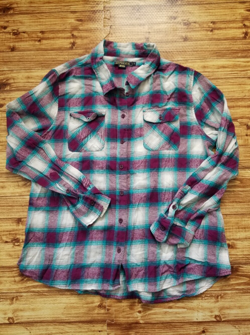 U.S. Polo Assn. Teal Vibrant Purple Plaid Button Down Shirt Juniors XL Flannel